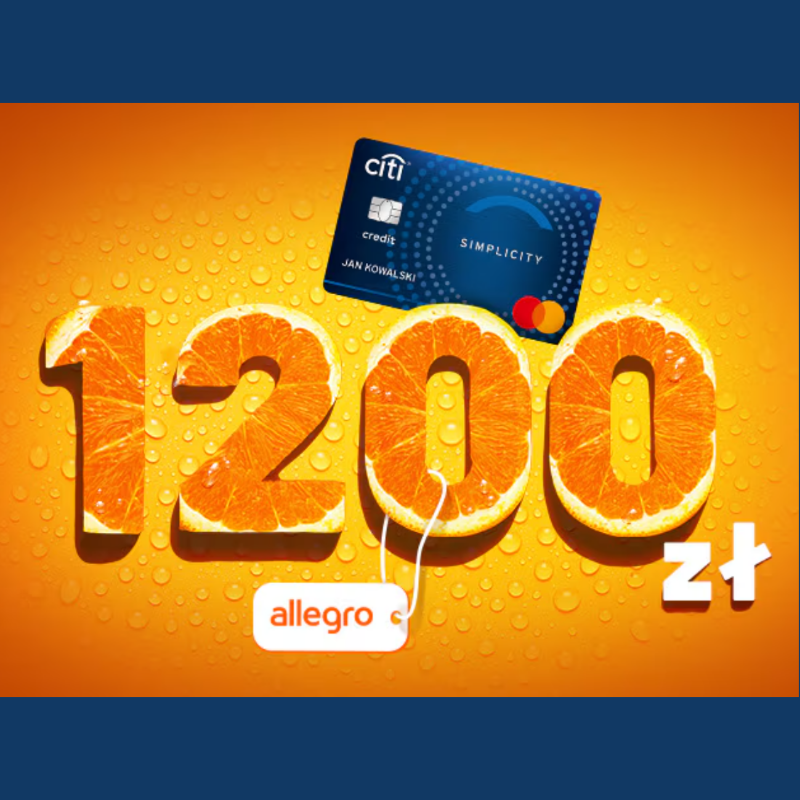 600 zł do Allegro i 600 zł w Bezcennych Chwilach. Łącznie 1200 zł bonusu z kredytówką Citi Banku i zwolnienie z opłaty przez 12 miesięcy